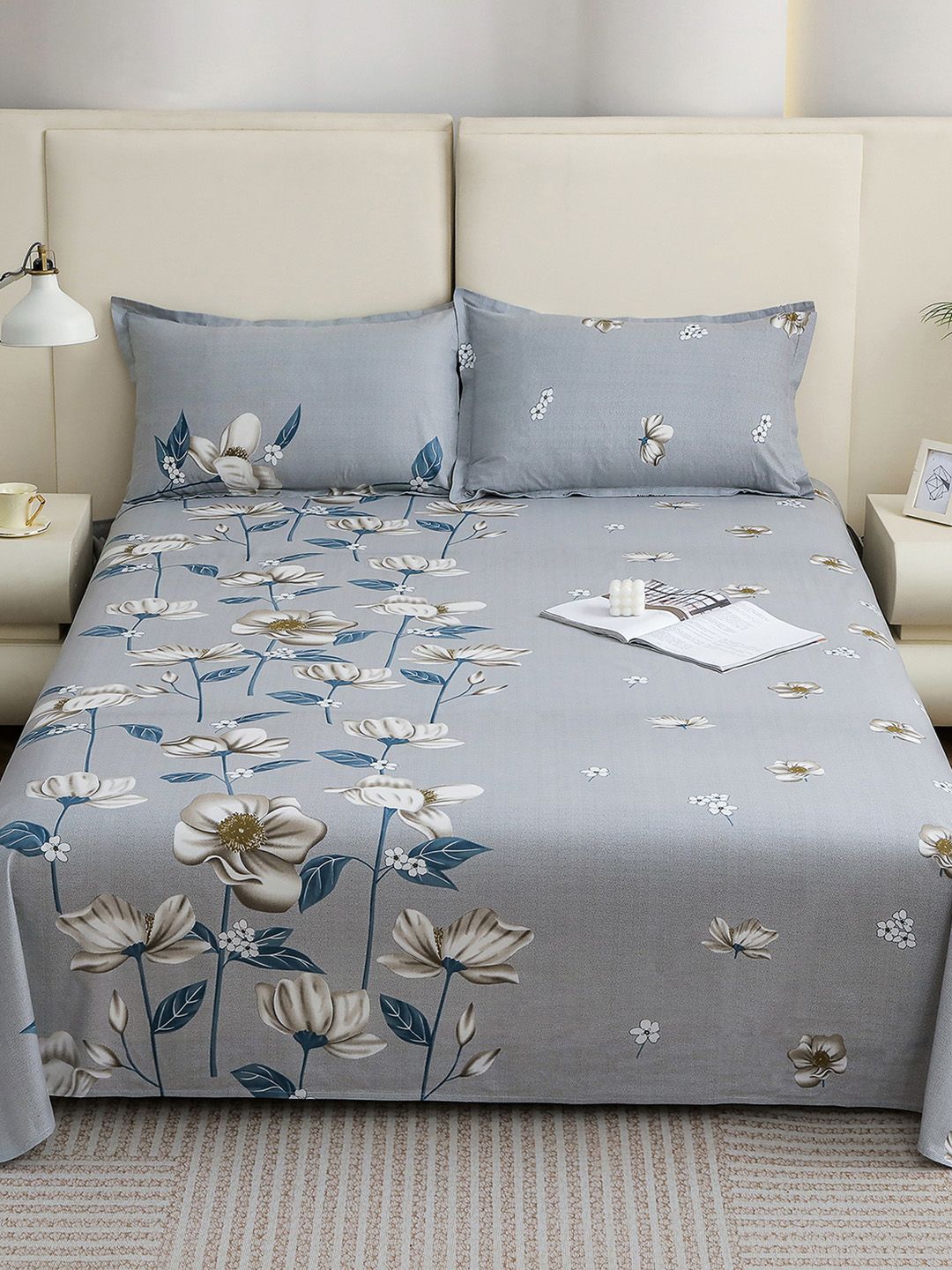 Story@home Grey Blue Floral Flat 210 TC 1 King Bedsheet with 2 Pillow Covers