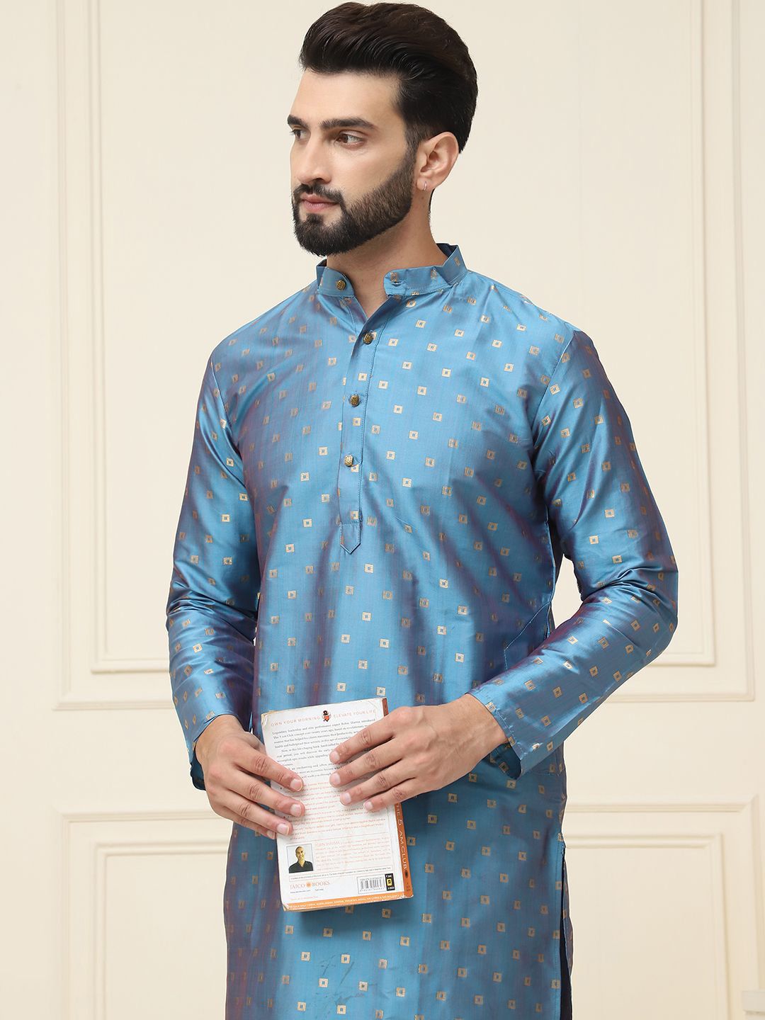 SOJANYA Geometric Woven Design Mandarin Collar Kurta With Churidar & Nehru jacket
