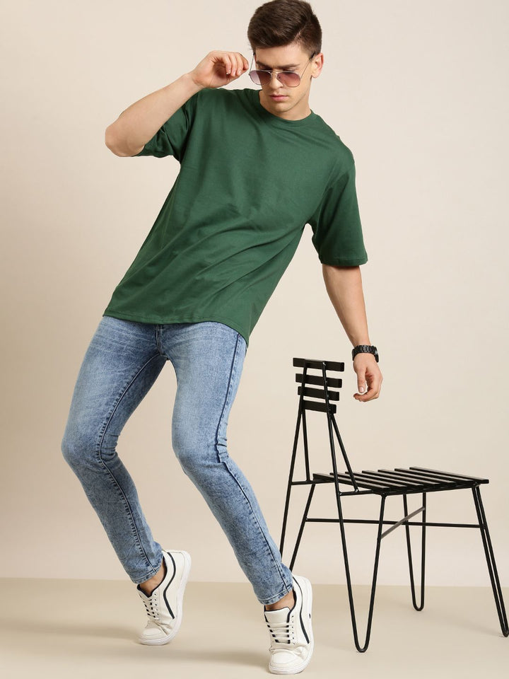 Difference of Opinion Men Green Solid Cotton Drop-Shoulder Oversized Fit T-shirt