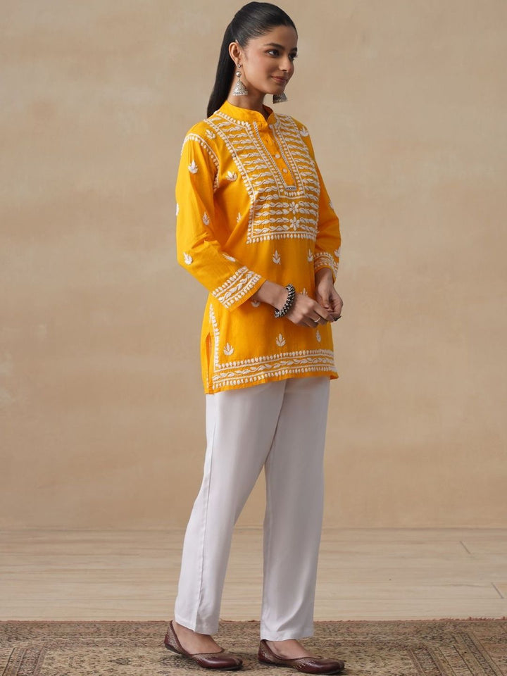 House of Chikankari Women Solid Mustard Embroidered Kurti