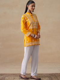 House of Chikankari Women Solid Mustard Embroidered Kurti