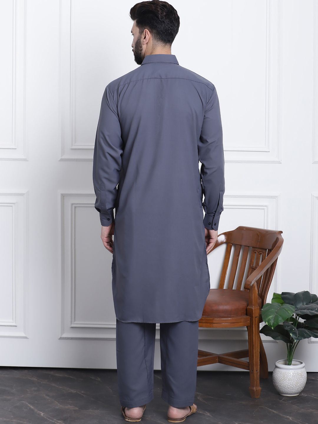 SOJANYA Shirt Collar Curved Hem Pathani Kurta with Salwar