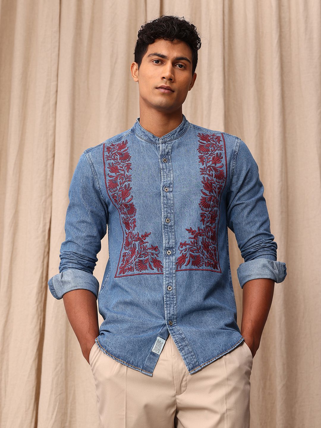 Mr Bowerbird Pure Cotton Tailored Fit Band Collar Floral Embroidered Chambray Casual Shirt