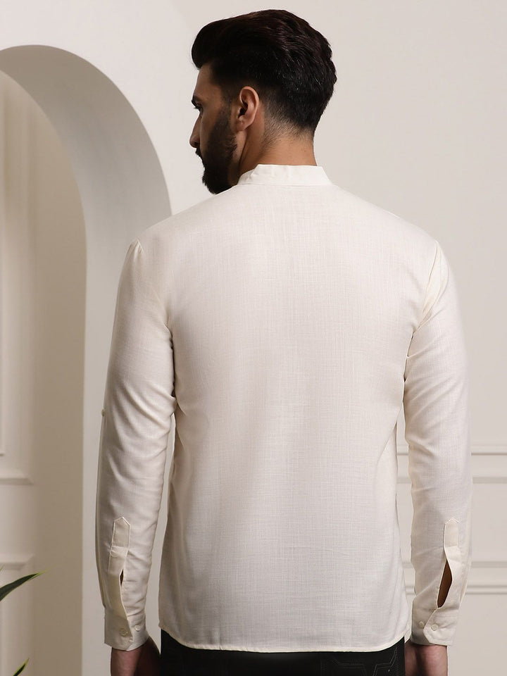 SOJANYA Lelaki Off White Cotton Solid Kurta Panjang Atas Lutut