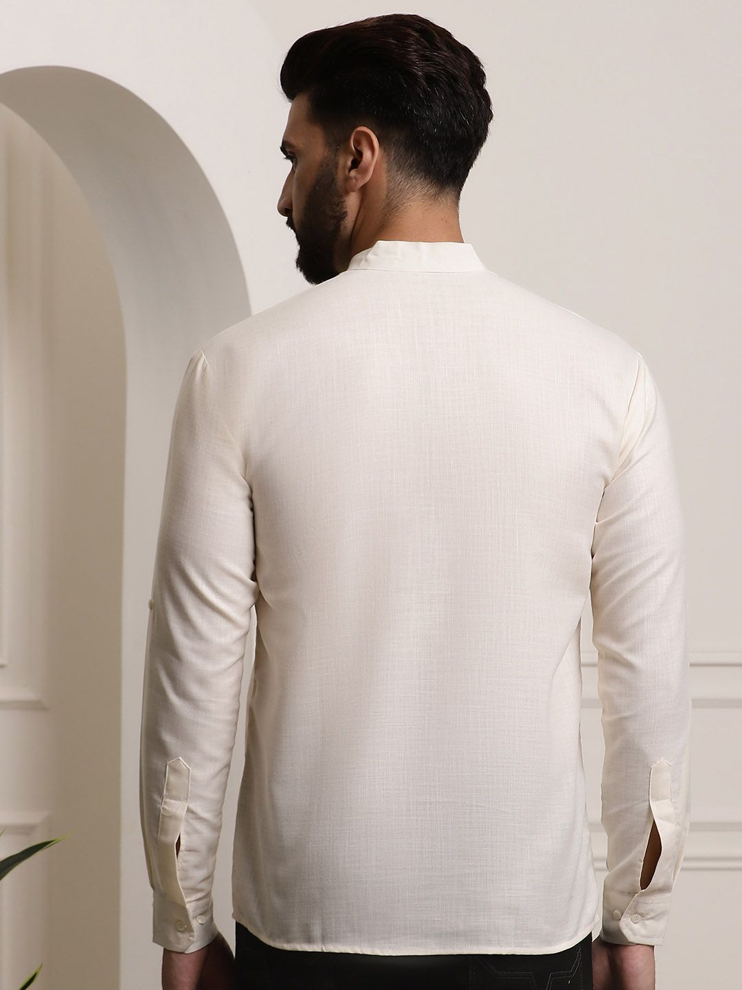 SOJANYA Lelaki Off White Cotton Solid Kurta Panjang Atas Lutut