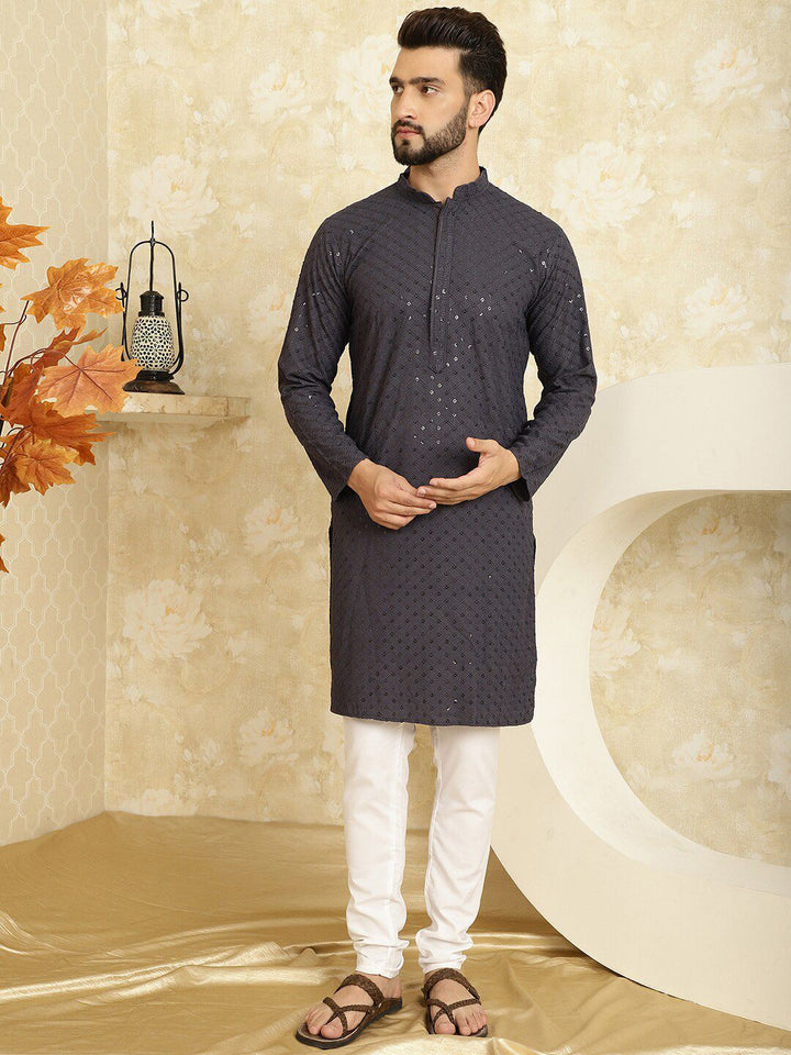 SOJANYA Kurta Lurus Bersulam Geometrik Kapas Tulen dengan Churidar