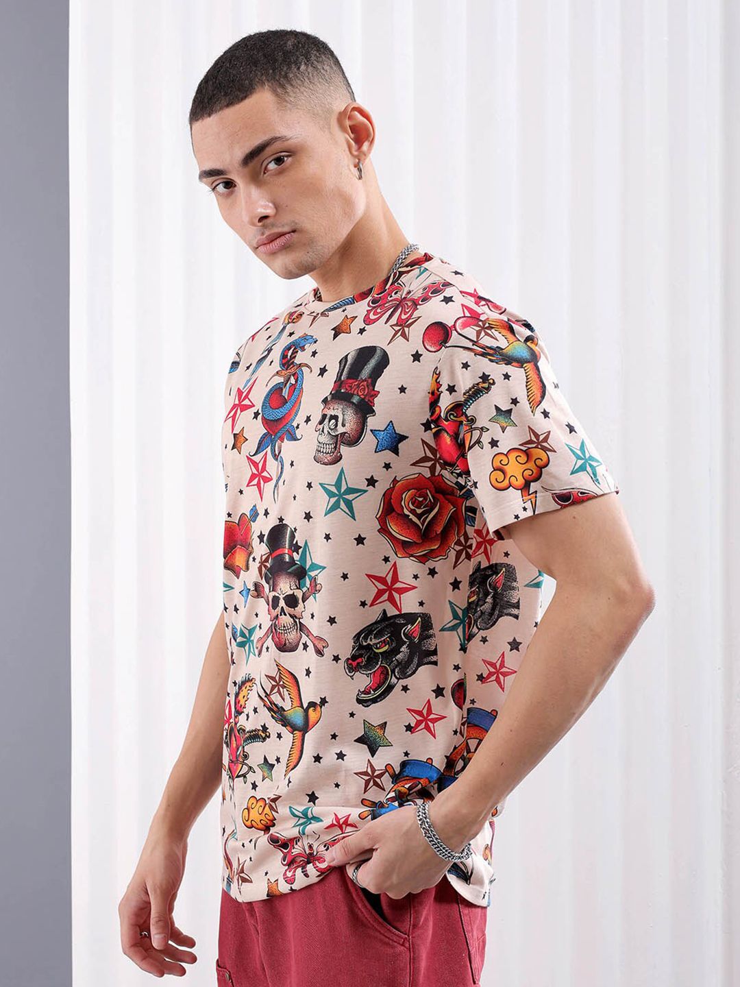 The Indian Garage Co Beige Conversational Printed Slim Fit T-shirt