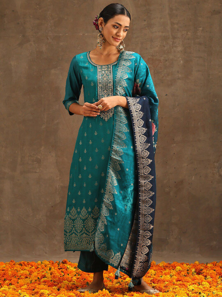 Libas Green Ethnic Motifs Woven Design Pure Silk Kurta With Trousers & Dupatta
