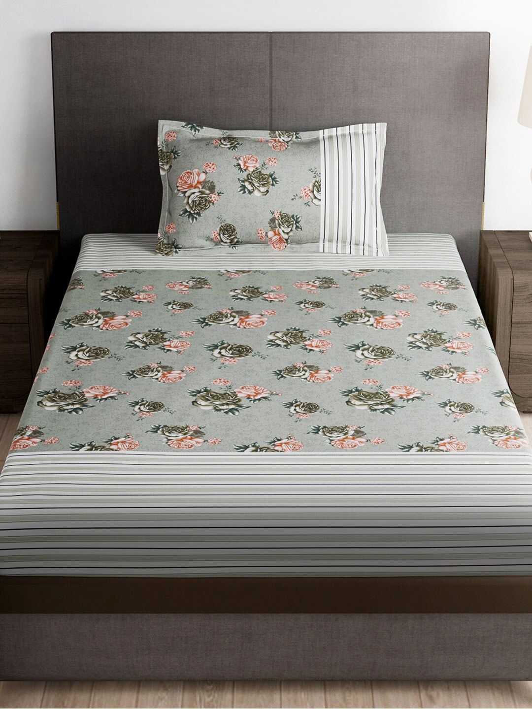 Story@home Grey & Pink Floral 180 TC Single Bedsheet with 1 Pillow Cover