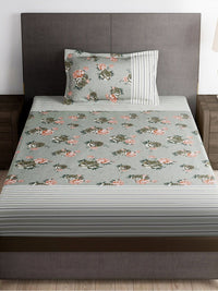 Story@home Grey & Pink Floral 180 TC Single Bedsheet with 1 Pillow Cover