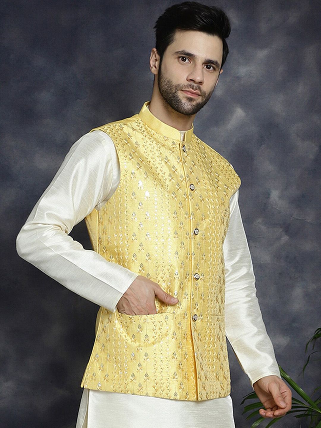 Anouk Embroidered Woven Nehru Jacket
