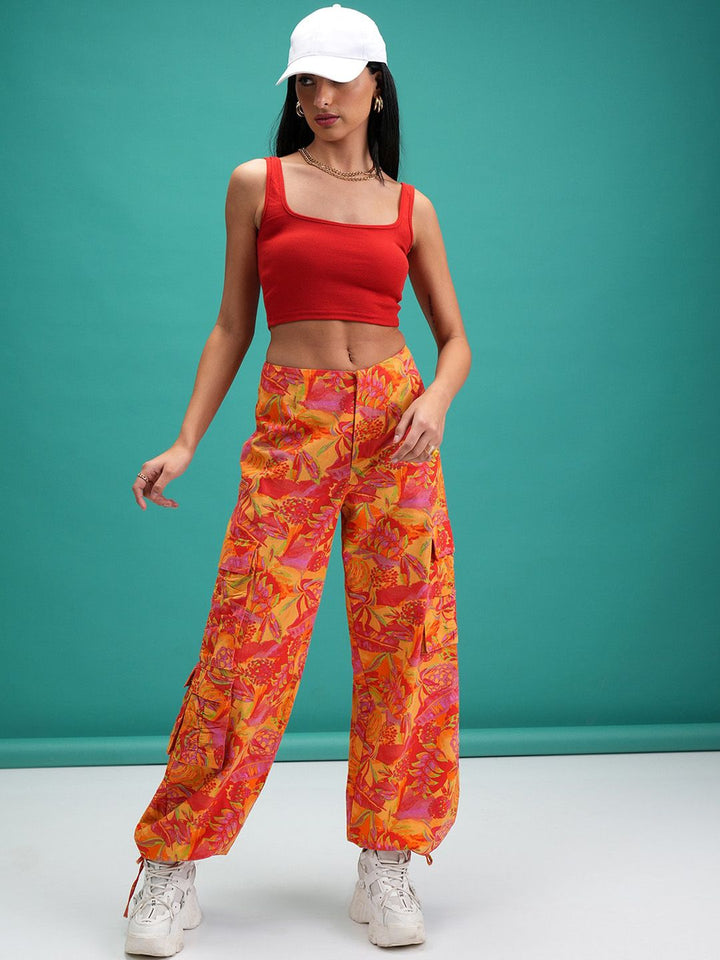 Tokyo Talkies Women Orange Floral Printed Cotton Mid-Rise Joggers Trouser