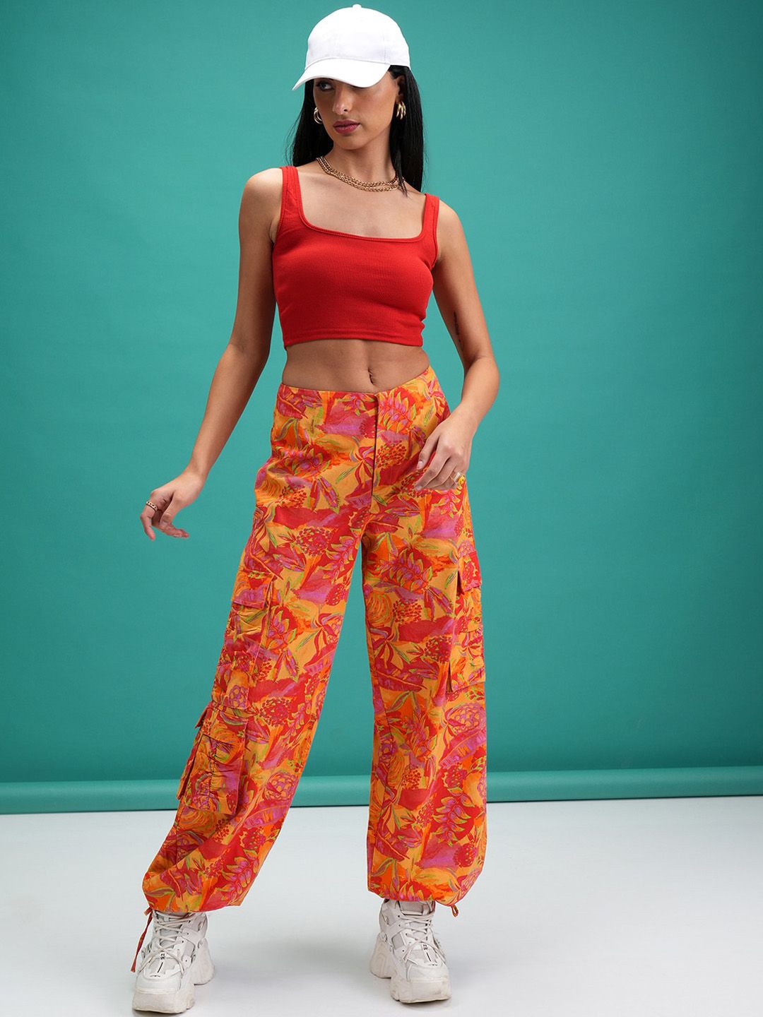 Tokyo Talkies Women Orange Floral Printed Cotton Mid-Rise Joggers Trouser