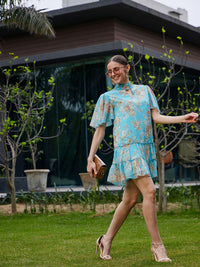 SASSAFRAS Floral Print Flared Sleeve Georgette A-Line Dress