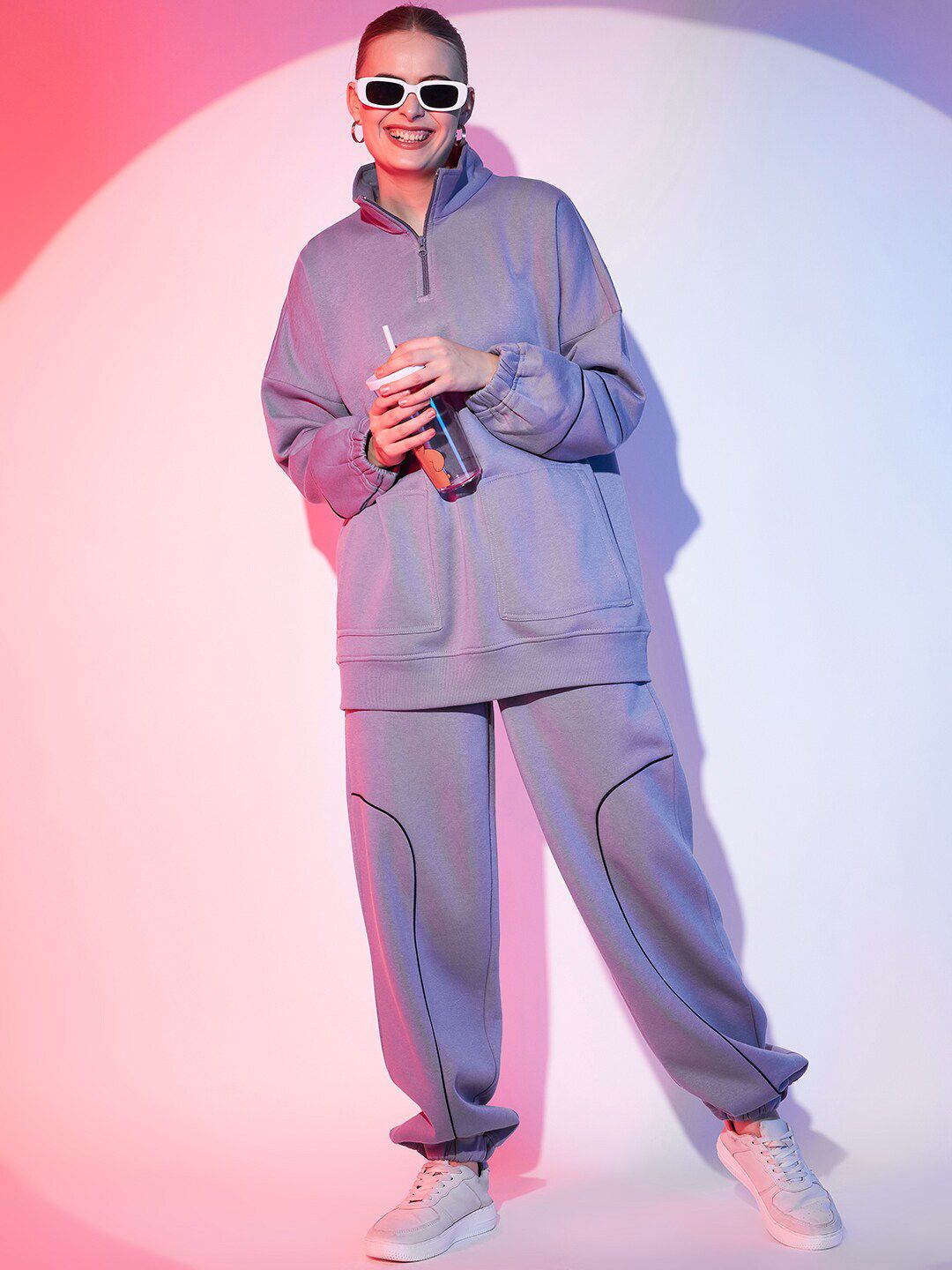 STREET 9 High Neck Half Zipper Fleece Pullover Sweatshirt