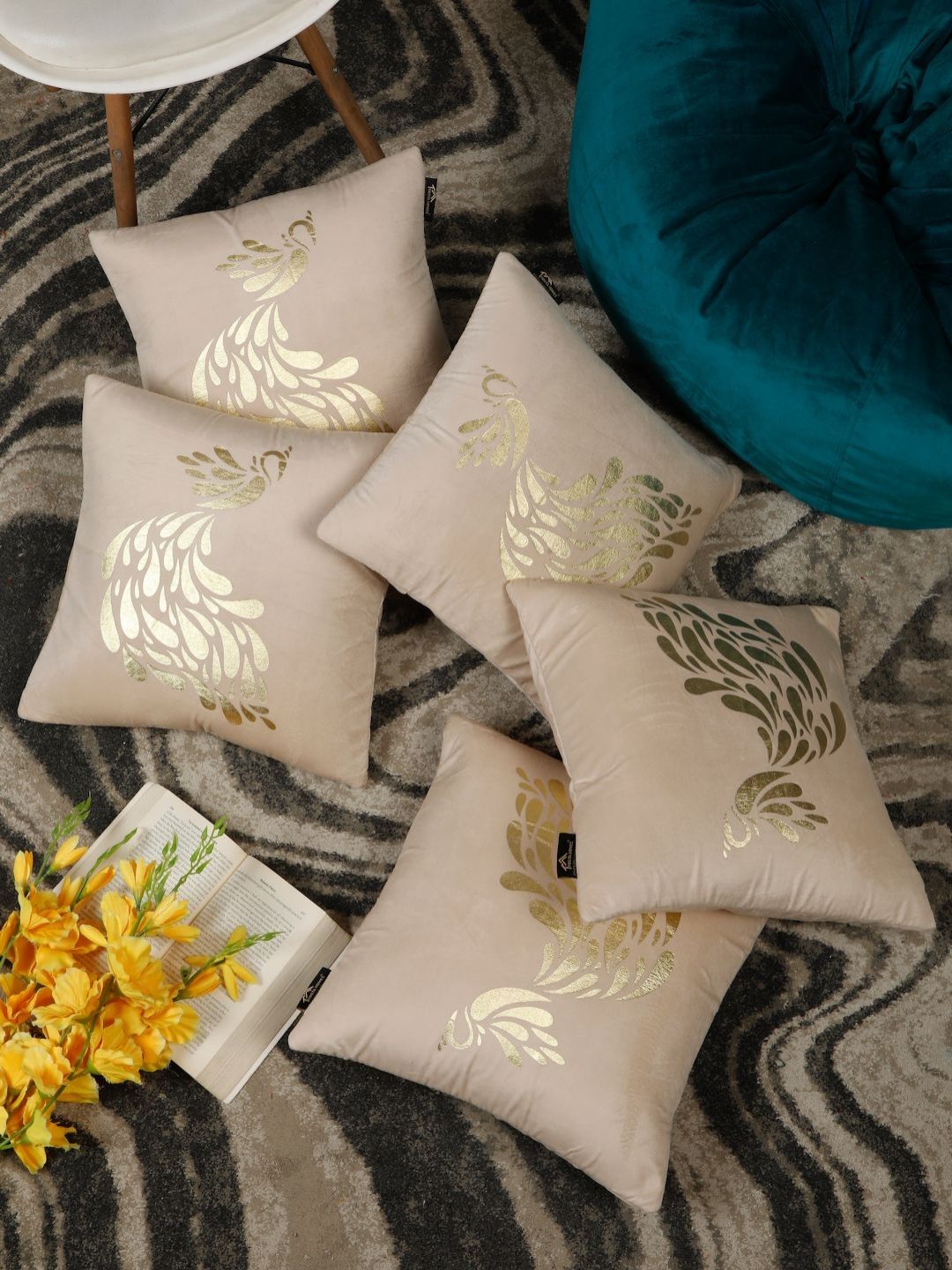 HOSTA HOMES Cream-Coloured & Gold-Toned Set of 5 Geometric Velvet Square Cushion Covers