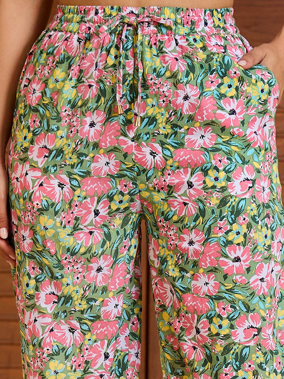 Pink Paprika by SASSAFRAS Floral Printed V Neck Peplum Top With Trousers Co-Ords