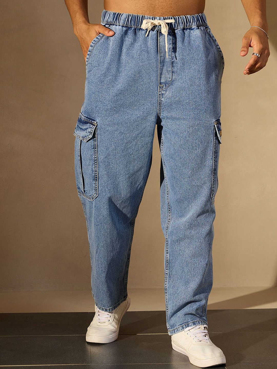 DENNISON Men Comfort Relaxed Fit High-Rise Pure Cotton Cargo Jeans