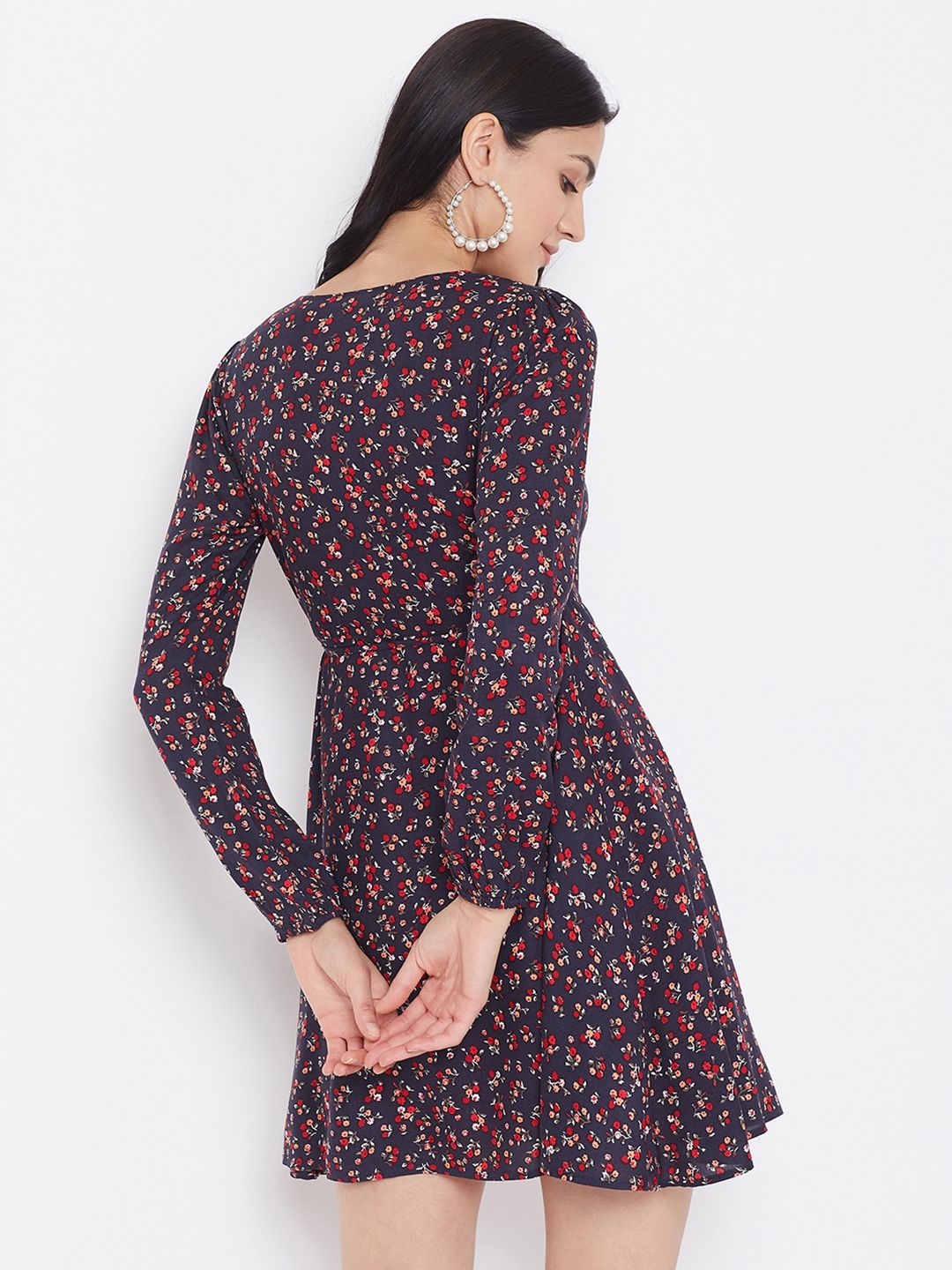 Berrylush Navy Blue Floral Printed Fit and Flare Dress
