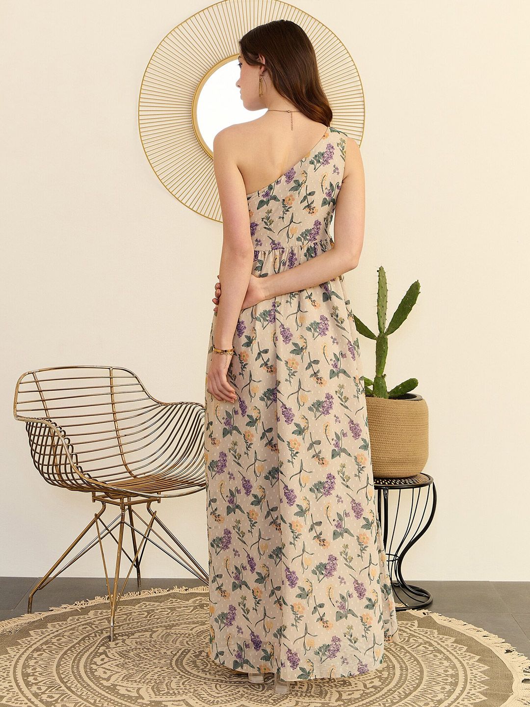 Berrylush Beige Floral Printed One Shoulder Flared Maxi Dress