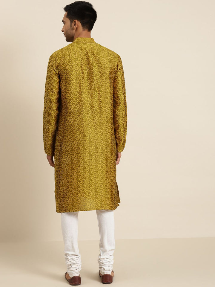 SOJANYA Lelaki Mustard Yellow Motif Etnik Jacquard Silk Kurta