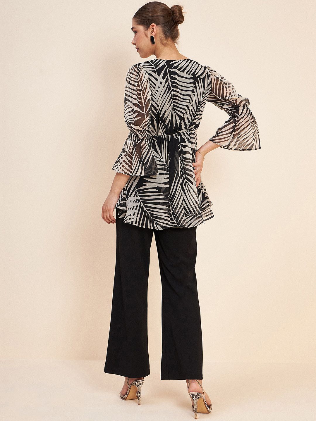 Antheaa Black Conversational Printed V-Neck Puff Sleeve Co-Ords