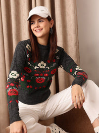 STREET 9 Black & Red Floral Self Design Pullover
