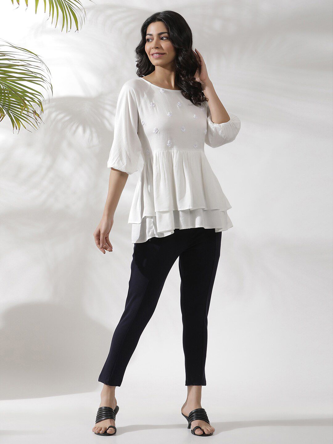 W Embroidered Puff Sleeves Gathered Layered A-Line Top