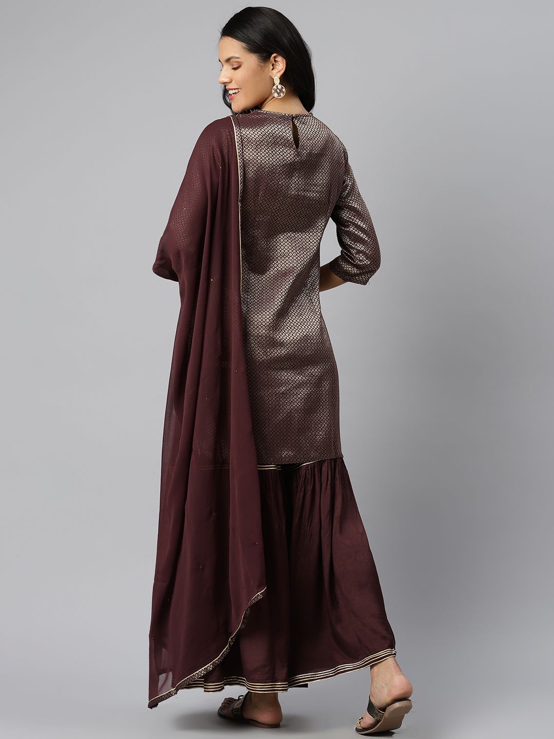 W Women Burgundy & Golden Woven Design Kurta with Sharara & Dupatta