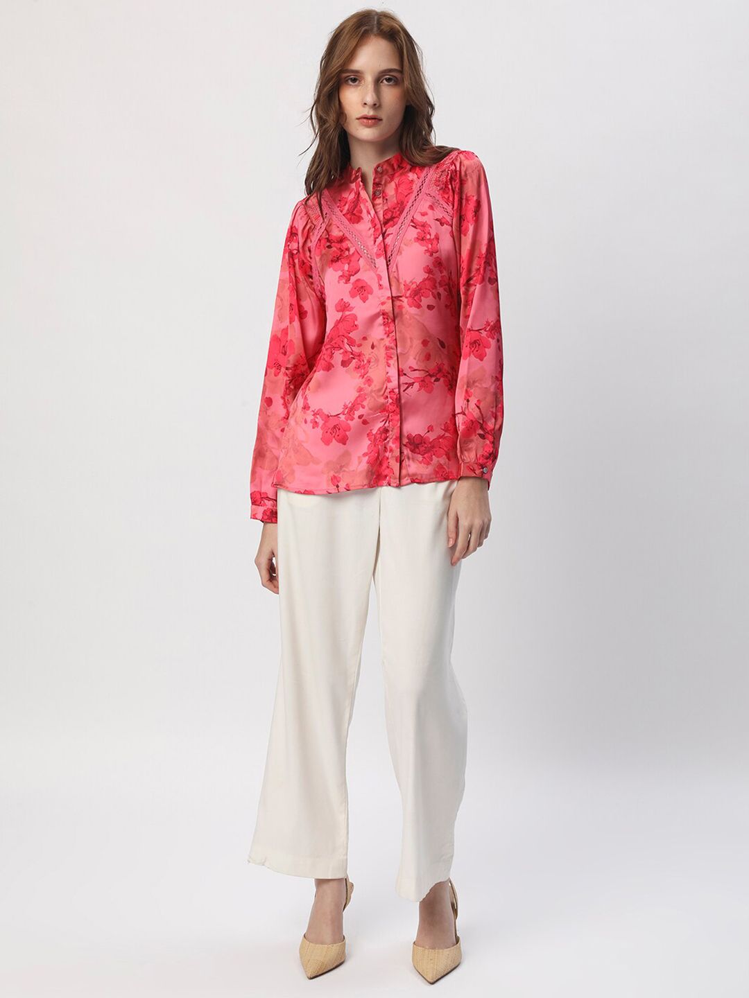 RAREISM Floral Printed Mandarin Collar Cuffed Sleeves Styled Back Top