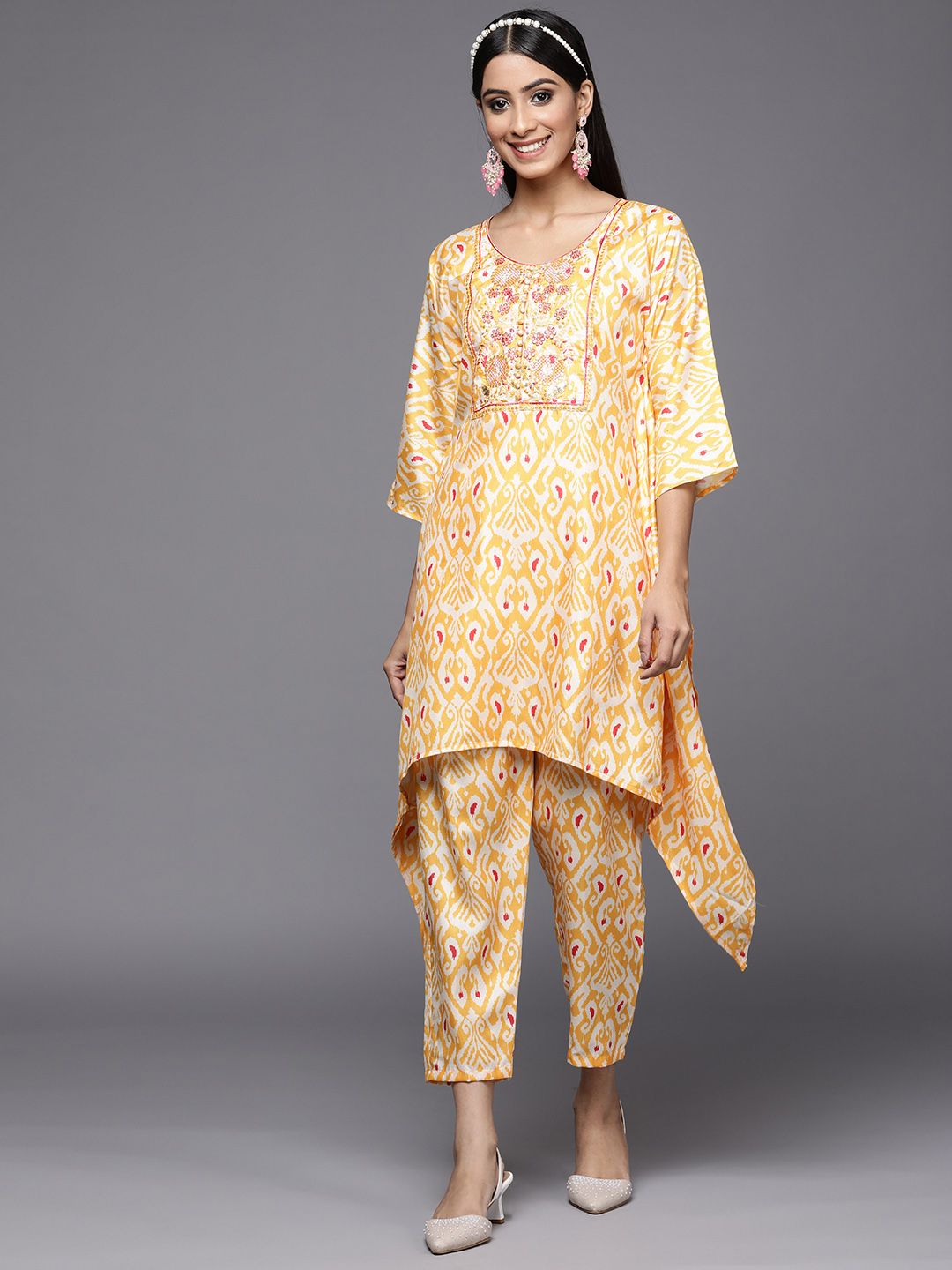 Indo Era Women Yellow Ethnic Motifs Printed Sequinned Kurta with Trousers
