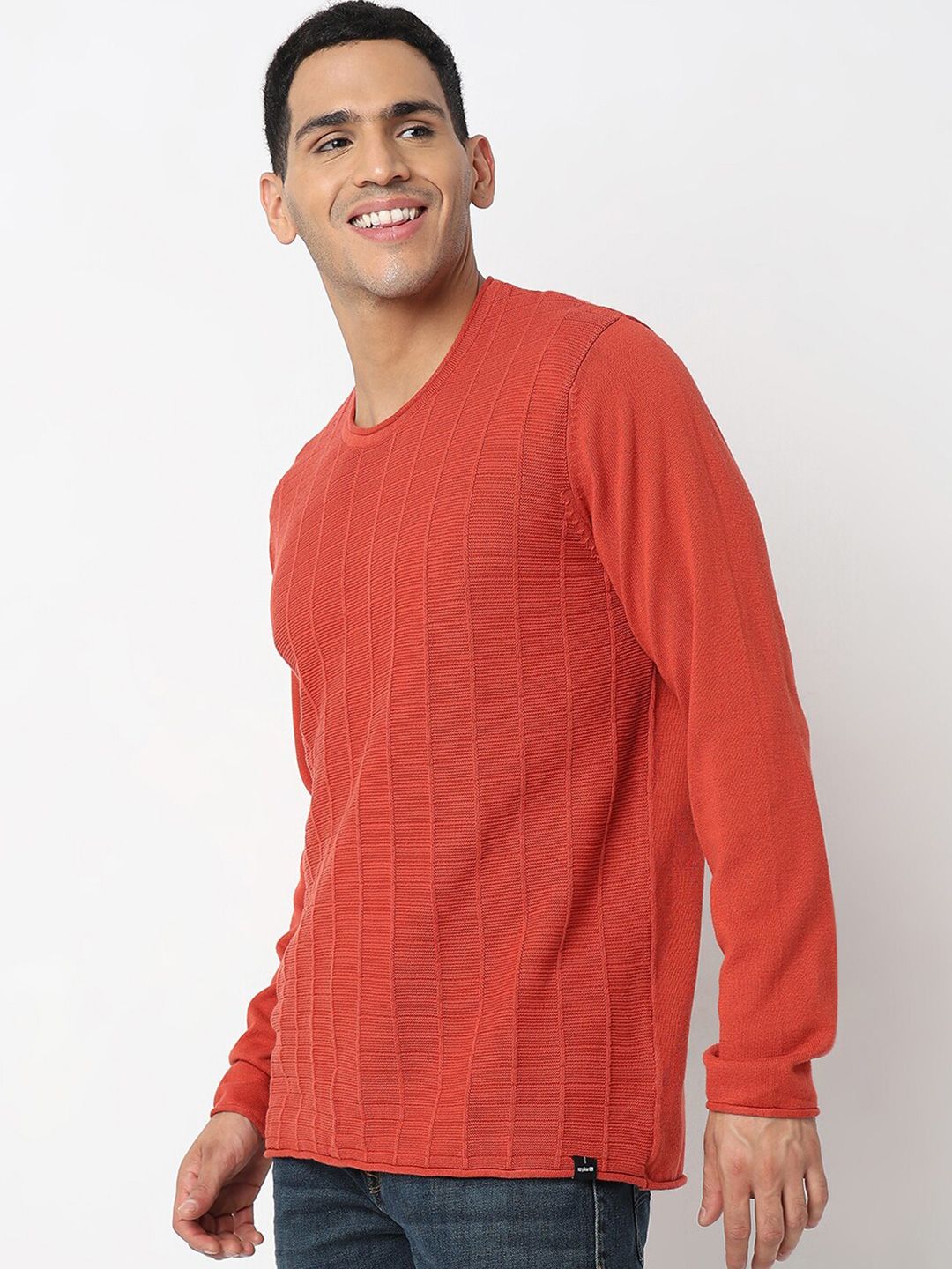 SPYKAR Striped Self Design Round Neck Cotton Pullover Sweater