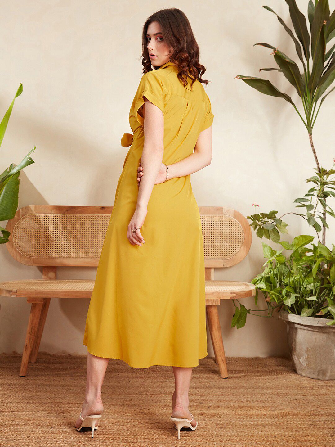 Berrylush Mustard Yellow Shirt Collar Extended Sleeves Tie-Up Detailed Midi Shirt Dress