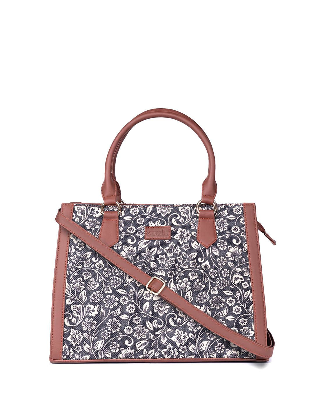 ZOUK =Floral Printed Structured Jute Handheld Bag