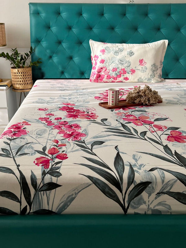 URBAN SPACE Serene Pink & Green Floral Cotton 200 TC Single Bedsheet with 1 Pillow Cover