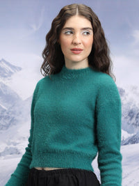 Tokyo Talkies Teal Green Turtle Neck Acrylic Crop Pullover Sweater