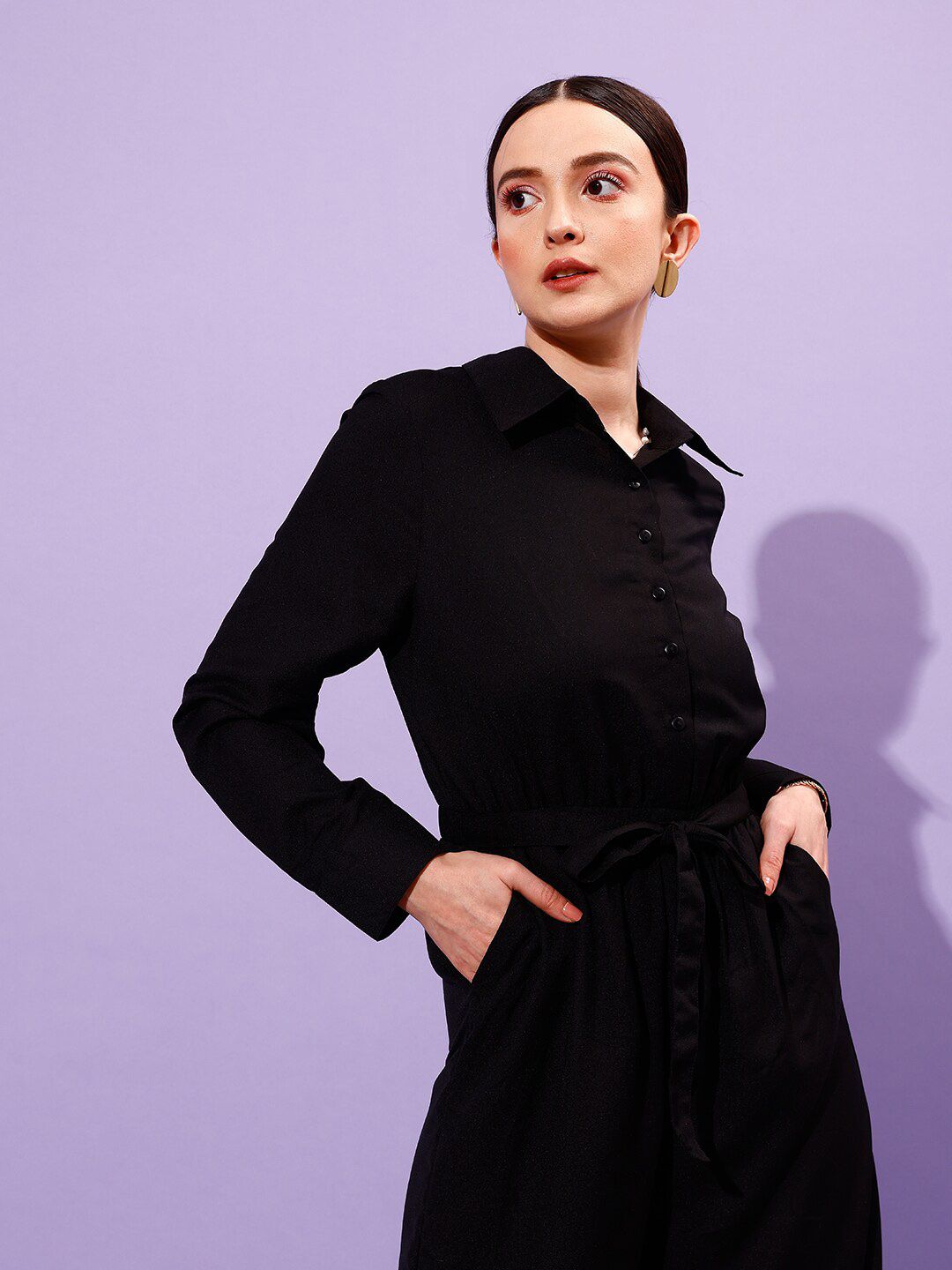 STREET 9 Shirt Collar Long Sleeve Waist Tie-Ups Basic Jumpsuit