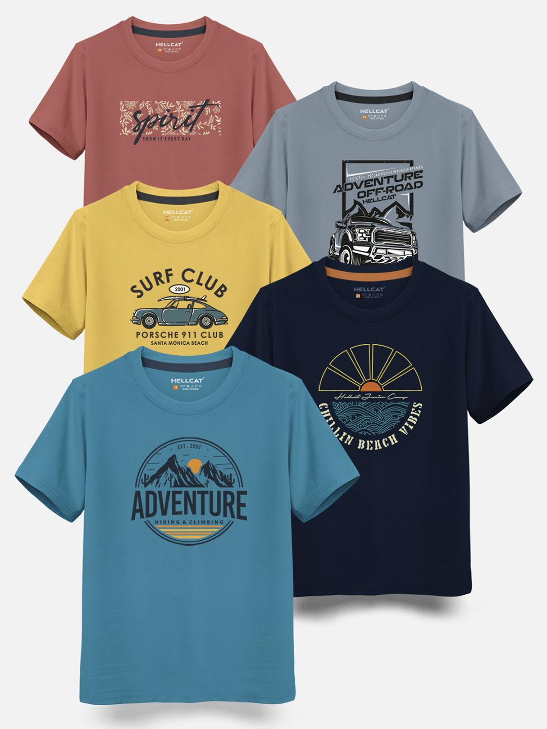 HELLCAT Boys Pack Of 5 Graphic Printed Cotton T-shirt
