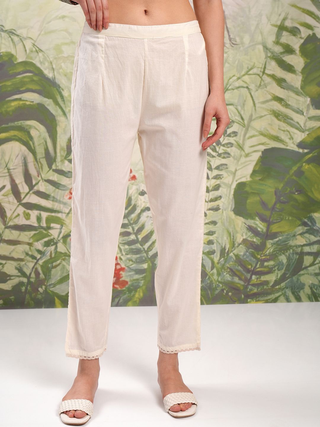 Vishudh Cream Coloured Mirror Work Pure Cotton A-Line Kurti With Trousers & Dupatta