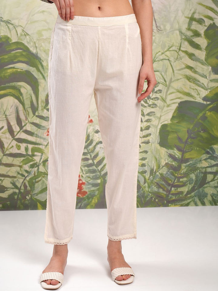 Vishudh Cream Coloured Mirror Work Pure Cotton A-Line Kurti With Trousers & Dupatta