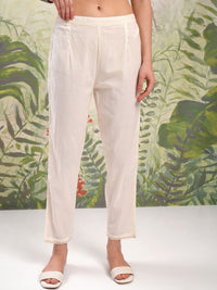 Vishudh Cream Coloured Mirror Work Pure Cotton A-Line Kurti With Trousers & Dupatta