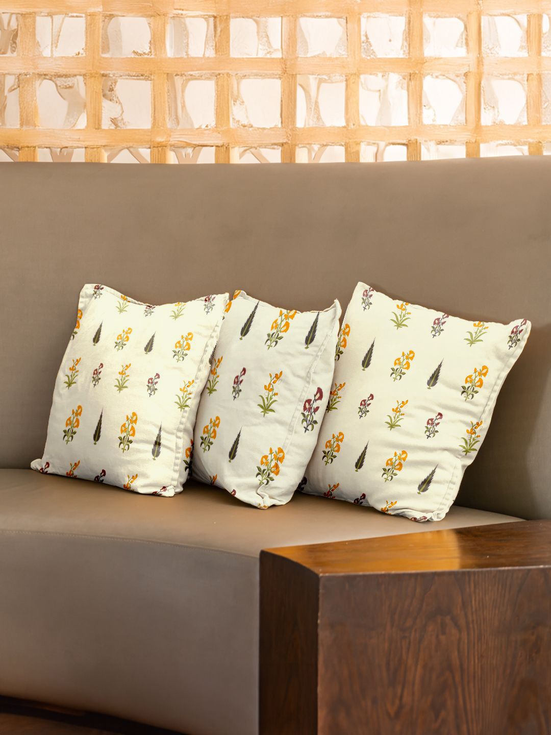 URBAN SPACE White & Yellow 3 Pieces Floral Printed Cotton Square Cushion Covers