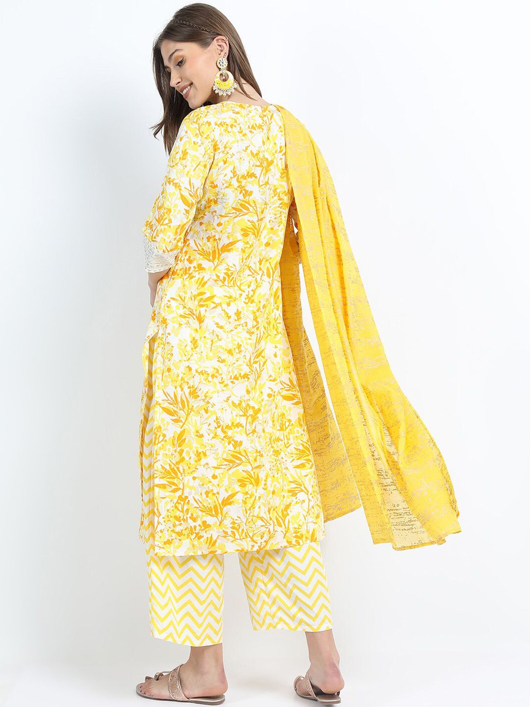 Vishudh Women Mustard Yellow Printed Kurta with Trousers & With Dupatta