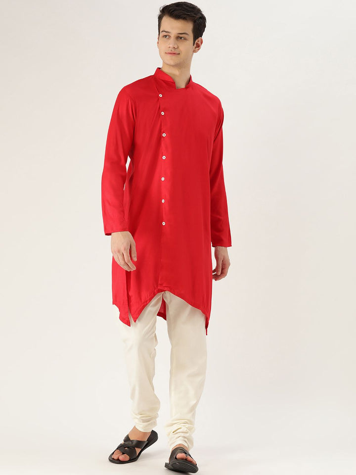 SOJANYA Men Red Solid Straight Asymmetric Kurta