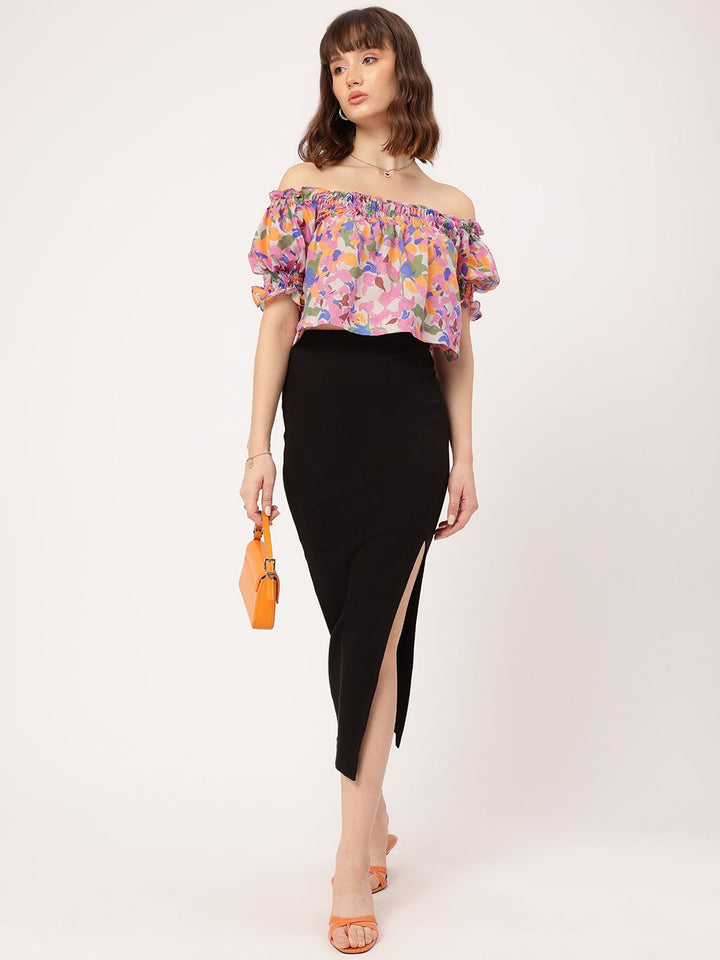 DressBerry Dainty Details Floral Print Smocked Bardot Top