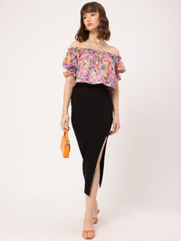 DressBerry Dainty Details Floral Print Smocked Bardot Top