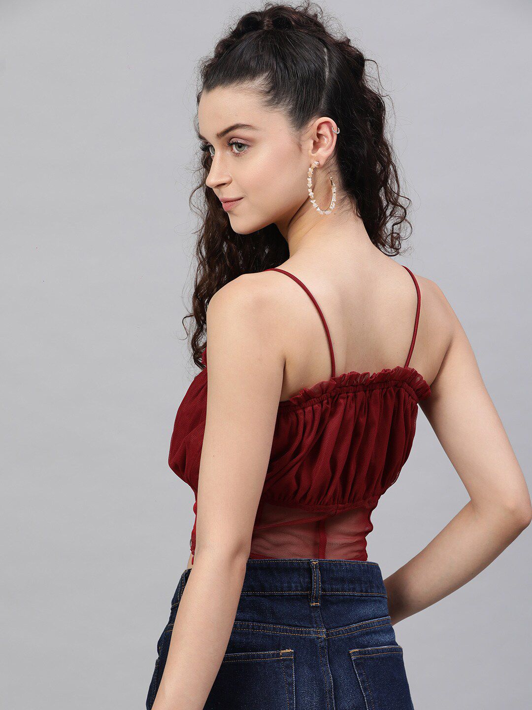 STREET 9 Maroon Solid Smocked Bralette Crop Top