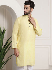 SOJANYA Men Yellow Dobby Self-Checked Straight Kurta