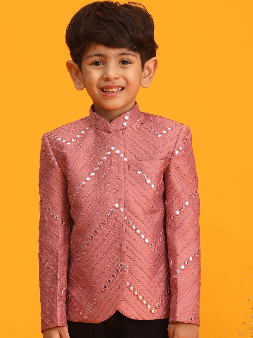 VASTRAMAY Boys Mirror Work Embroidered Slim-Fit Bandhgala Ethnic Blazer