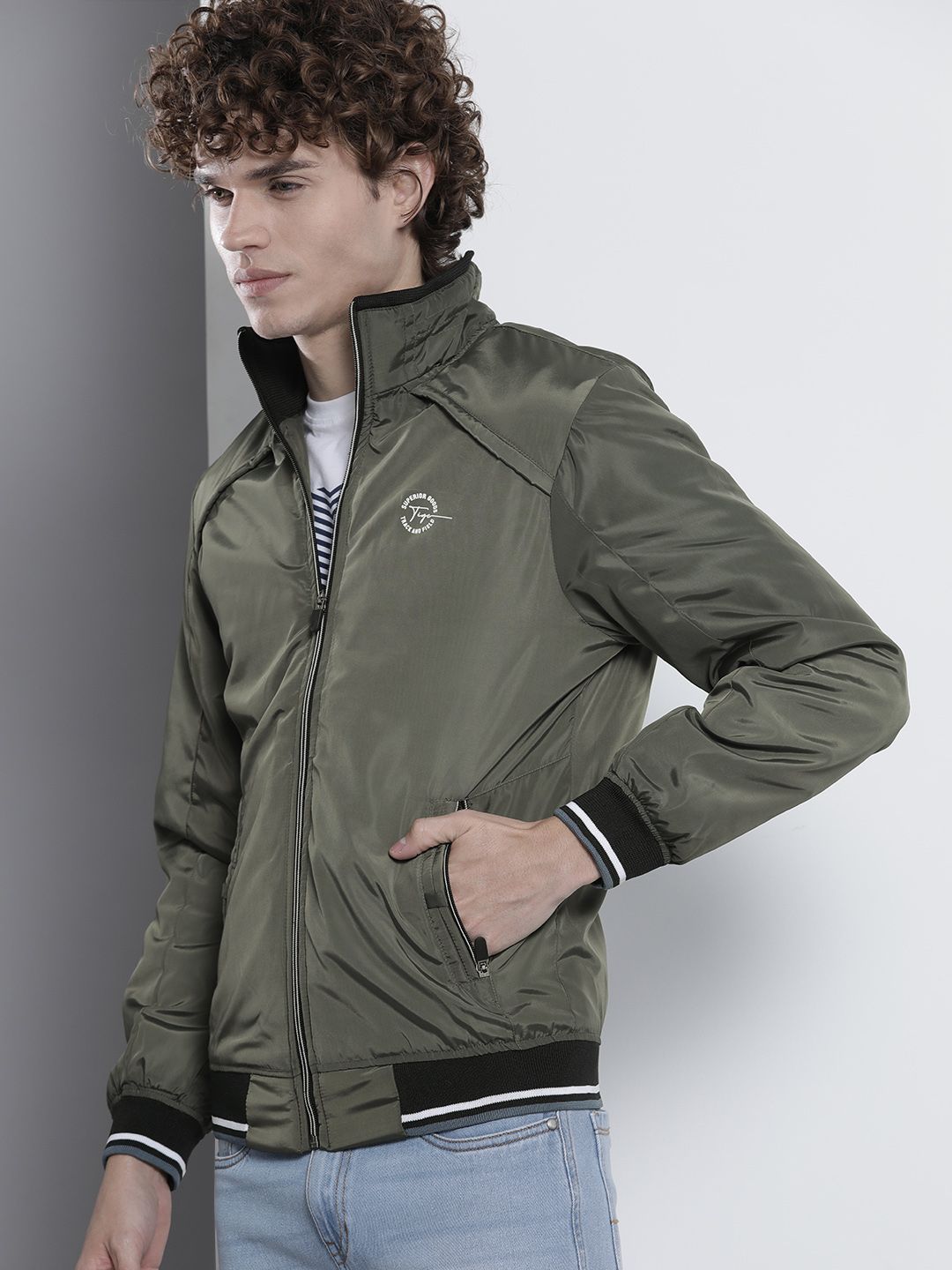 The Indian Garage Co Slim Fit High-Neck Zip-Front Bomber Jacket